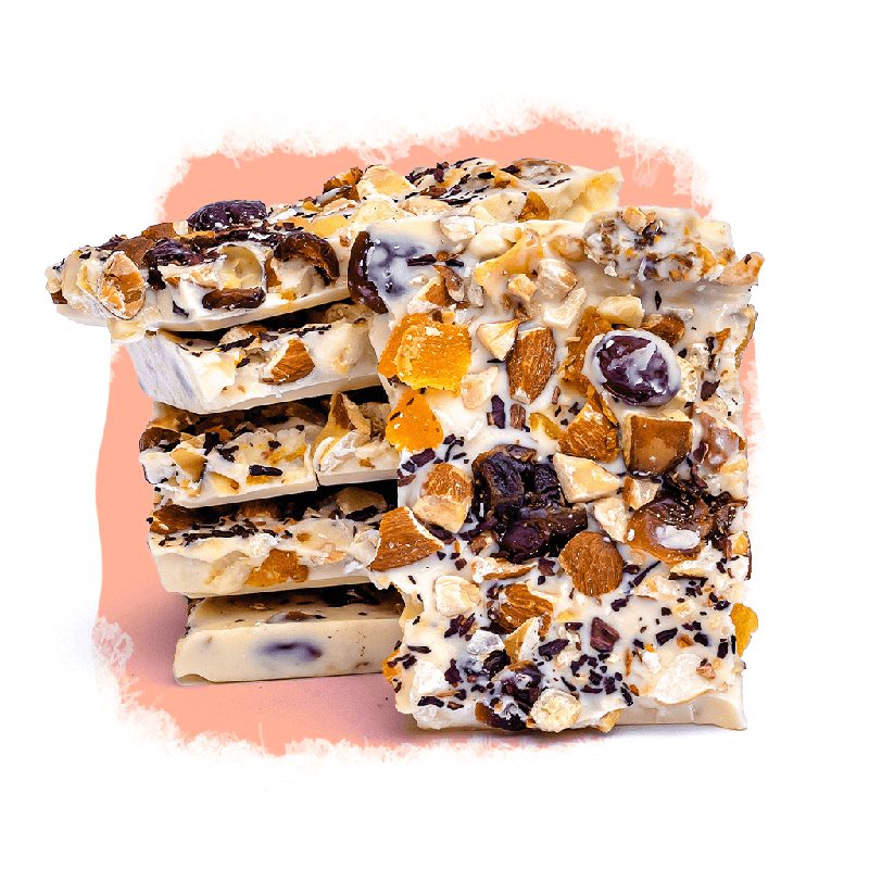 Branco com frutas, nuts e hibisco — Quebra-quebras Selecto Cacau
